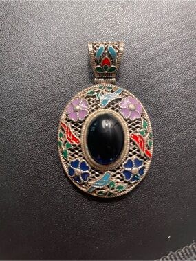 Vintage-Inspired Multicolor Enamel Pendant Necklace with Dark Blue Cabochon